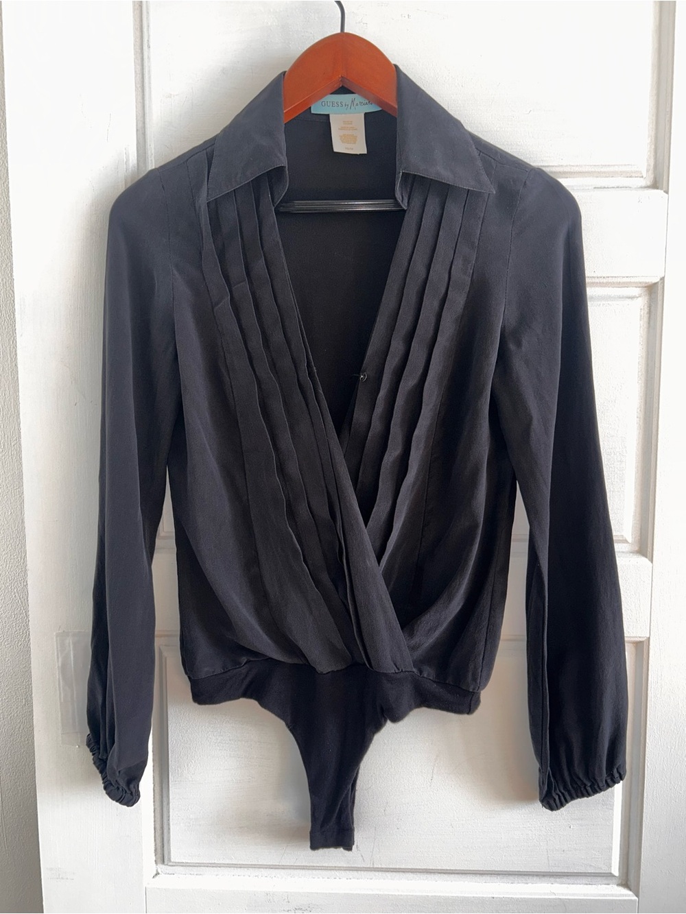Guess by Marciano 100% Silk charcoal Pleated Wrap Bodysuit XS